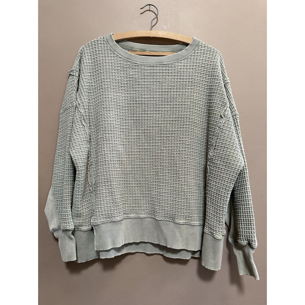 American Eagle Waffle Crew Neck Sweatshirt Women’s XS Green Oversized Big Hug‎